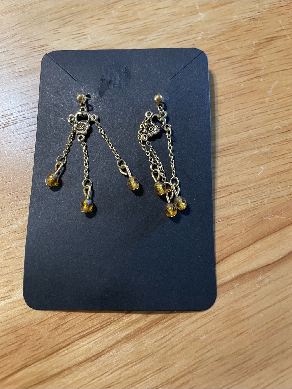 Source Unknown Gold-Tone Floral Chain Earrings with Amber Beads